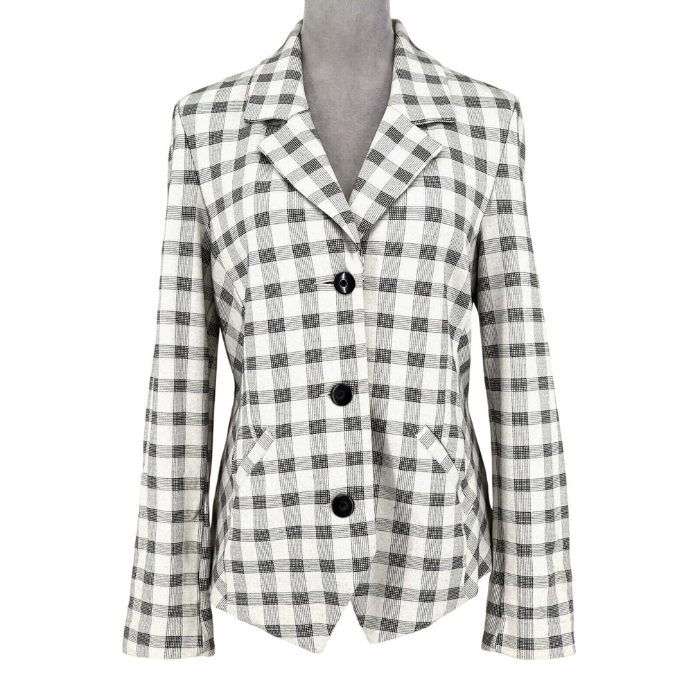 Cabi Jacket Womens 10 Light Gray Black Buffalo Plaid Stretch Blazer Career